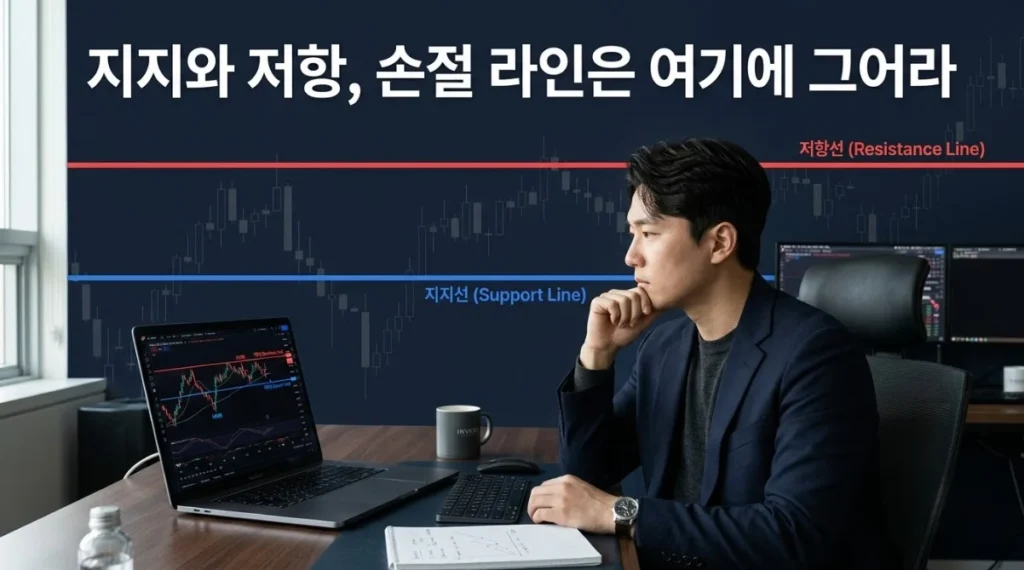 지지와저항 기준으로 손절선을 고민하는 한국인 트레이더