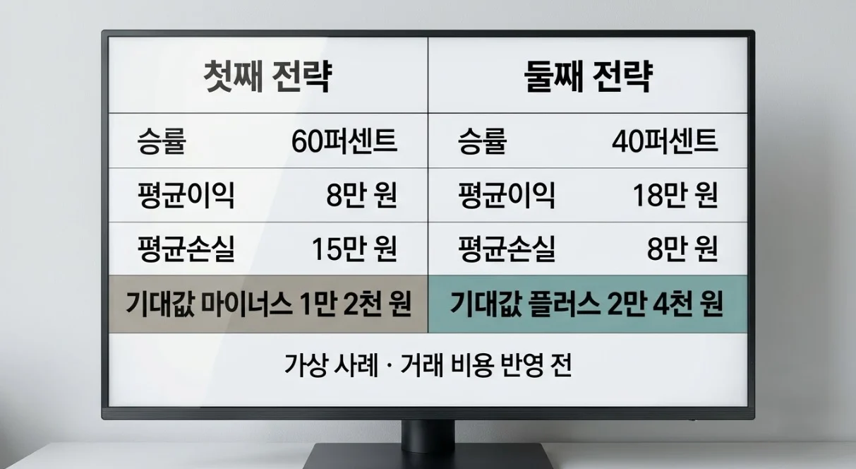 승률 60퍼센트와 40퍼센트 전략의 손익비기대값을 비교한 비용 전 가상 사례