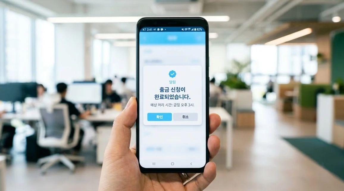 해외선물출금 처리 예정 시간이 안내된 스마트폰 알림 화면