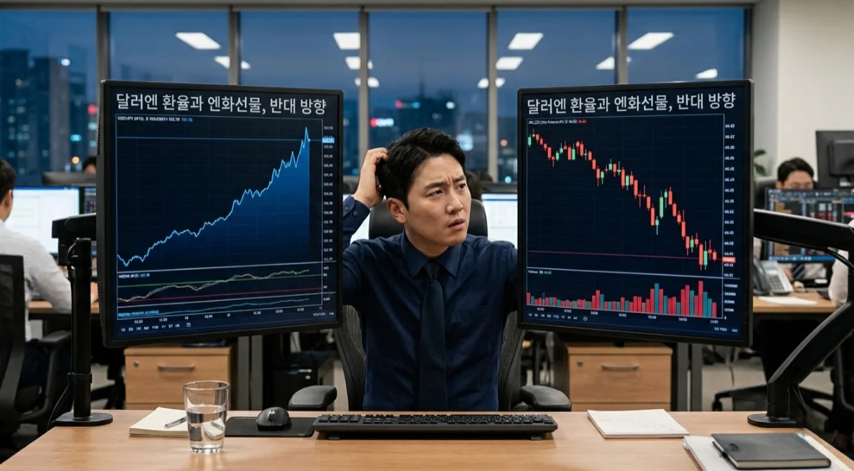 달러엔 환율과 반대로 움직이는 엔화선물 방향성을 확인하는 트레이더
