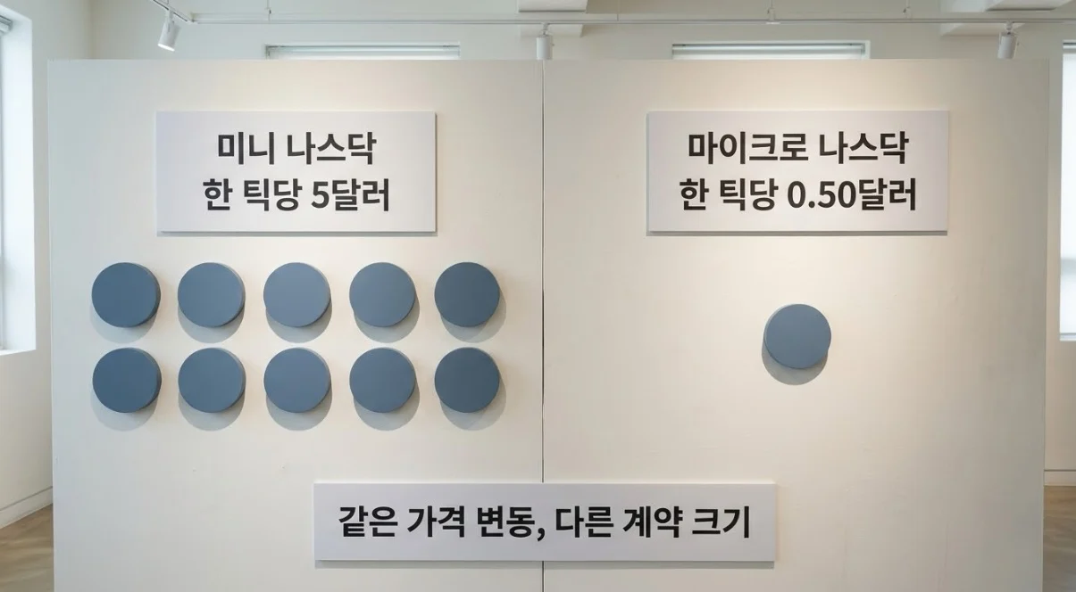 해외선물미니계좌업체와 구분해 알아둘 거래소 미니·마이크로 나스닥 틱가치 비교