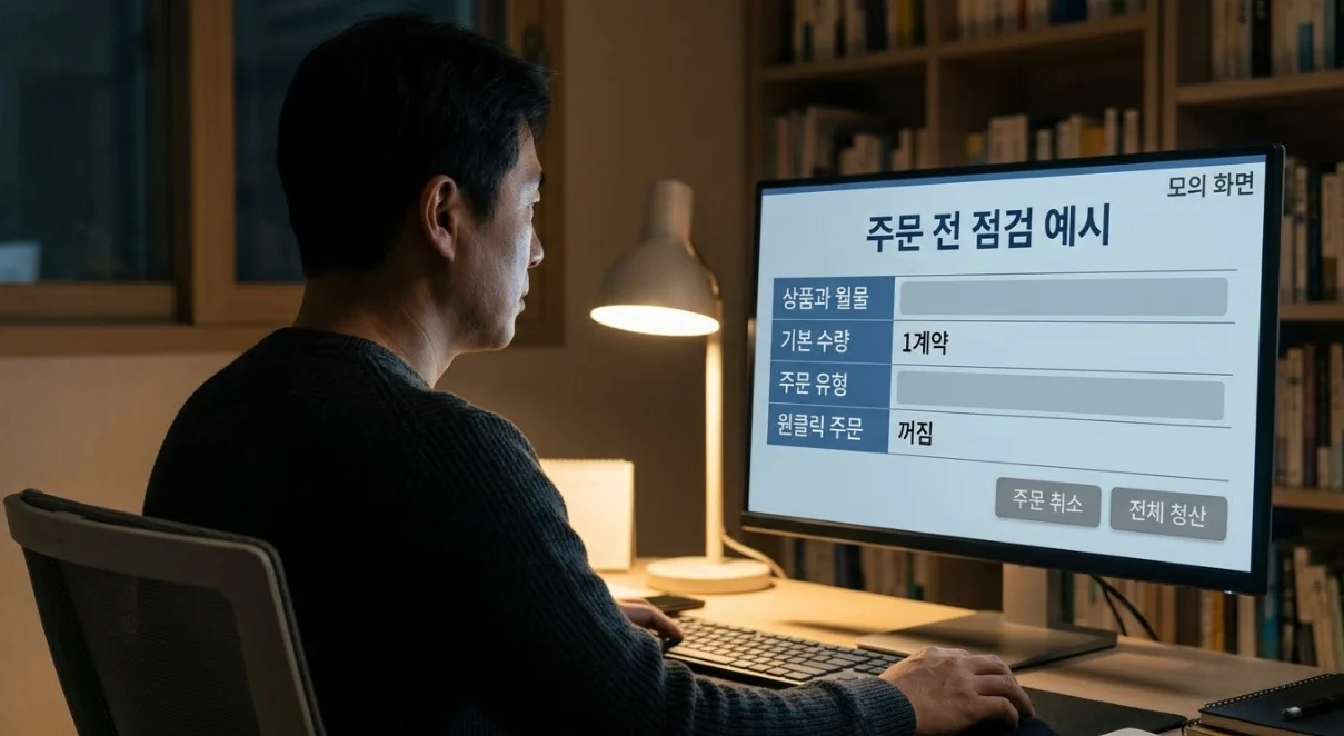 해외선물대여계좌업체 첫 주문 전 수량과 취소·청산 위치를 점검하는 한국인 남성