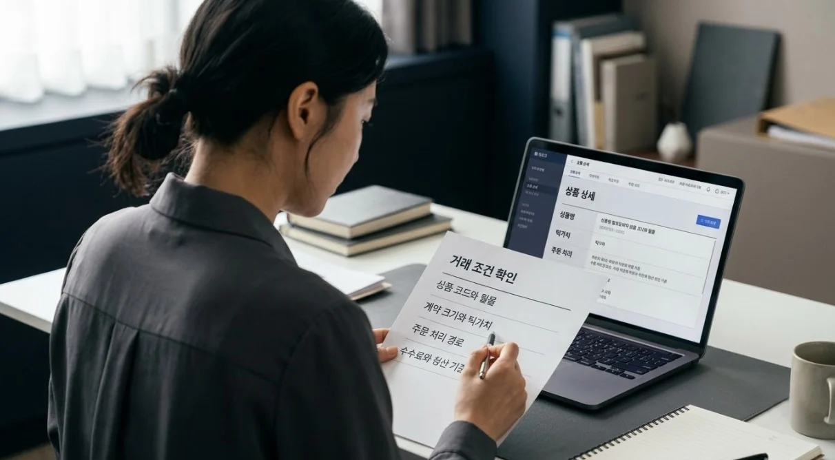 해외선물미니계좌의 상품 규격과 주문 처리 조건을 화면과 안내 문서로 대조하는 한국인 여성