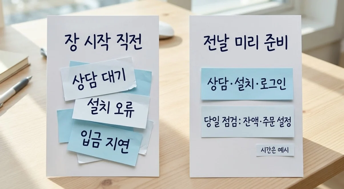 해외선물대여계좌업체 첫 이용 시 장 시작 직전 준비와 전날 미리 준비를 비교한 메모 카드