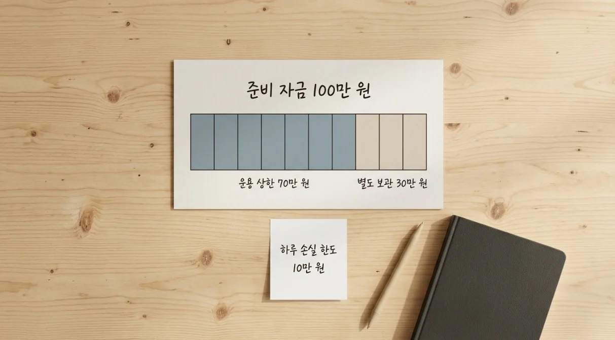 해외선물대여계좌추천 전 준비 자금 100만 원을 운용 상한과 별도 보관 자금으로 나눈 배분판