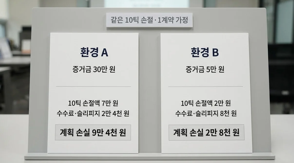해외선물대여계좌추천 기준으로 두 거래 환경의 증거금과 수수료 포함 계획 손실을 비교한 카드