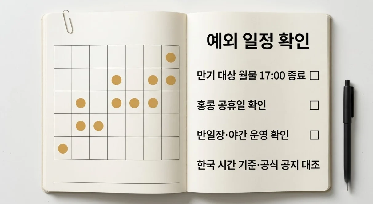 항셍 선물 거래시간의 만기 대상 월물 종료와 홍콩 공휴일·반일장 예외를 확인하는 일정 수첩