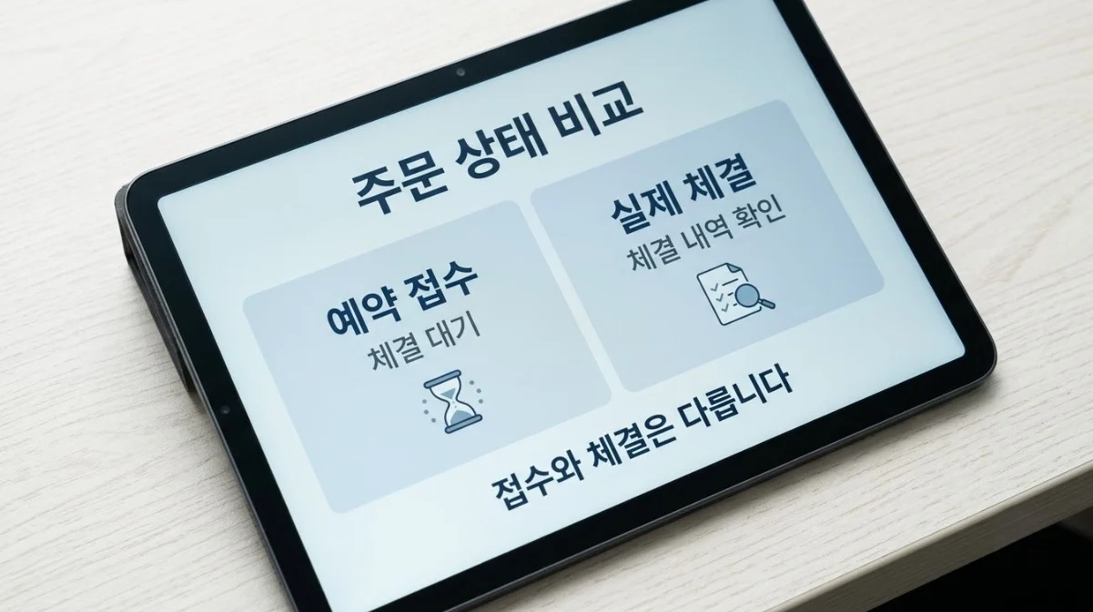 항셍 선물 거래시간 확인 시 구분해야 하는 예약 주문 접수와 실제 체결 상태를 비교한 태블릿 화면