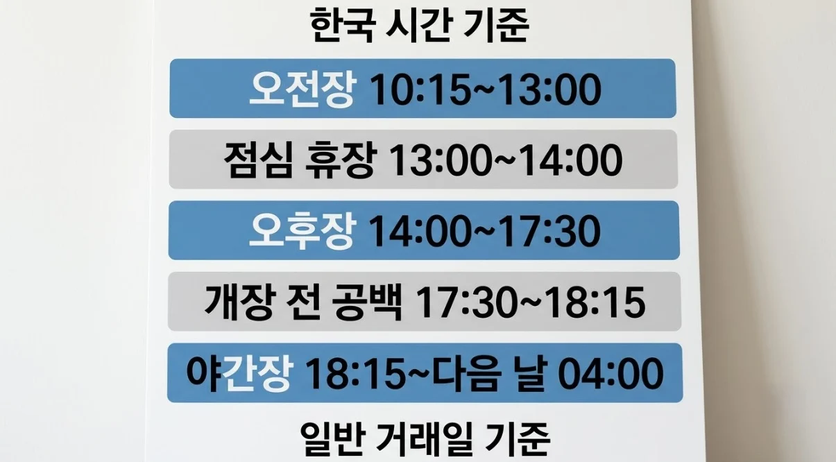 한국 기준 항셍 선물 거래시간의 오전장·오후장·야간장과 두 체결 공백을 정리한 안내 보드