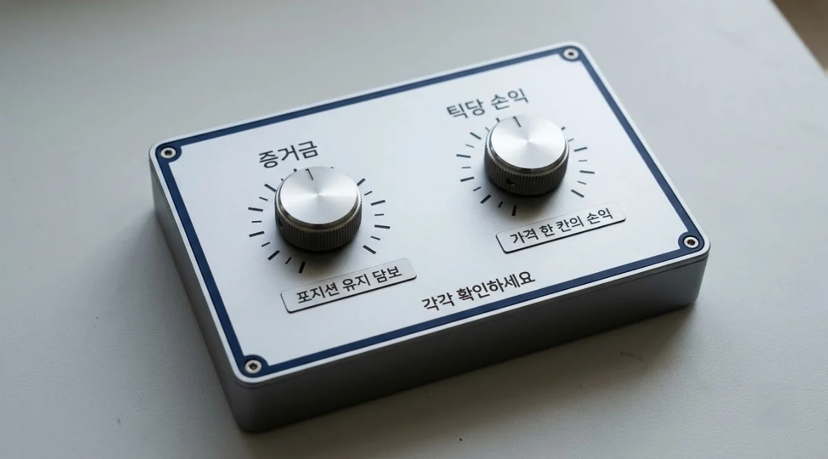 해외선물미니계좌업체의 증거금과 틱당 손익을 따로 확인해야 함을 보여주는 교육 모형