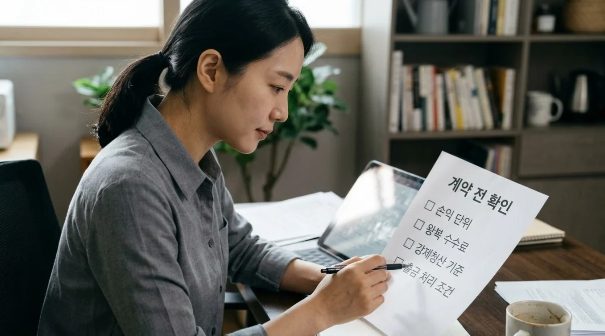 해외선물미니계좌업체 계약 전 손익 단위와 수수료·강제청산·출금 조건을 대조하는 한국인 여성