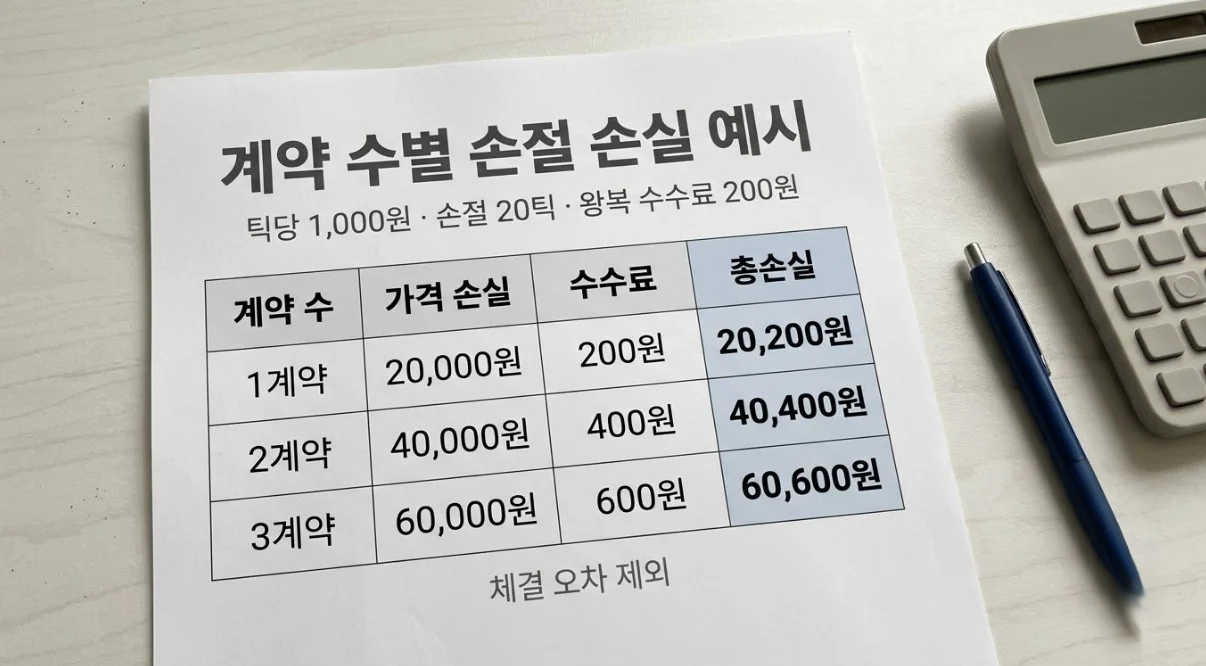 해외선물미니계좌업체 예시 조건에서 1·2·3계약의 수수료 포함 손절 손실을 계산한 표