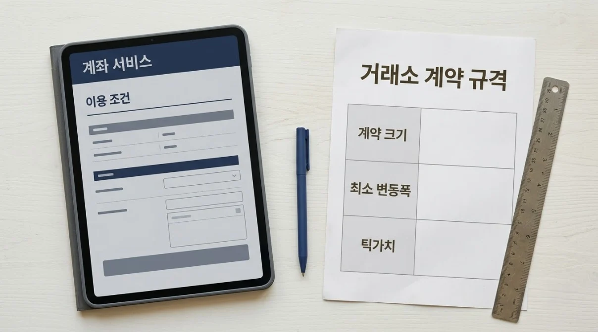 해외선물미니계좌의 서비스 조건과 마이크로 선물의 계약 규격을 구분한 태블릿과 문서