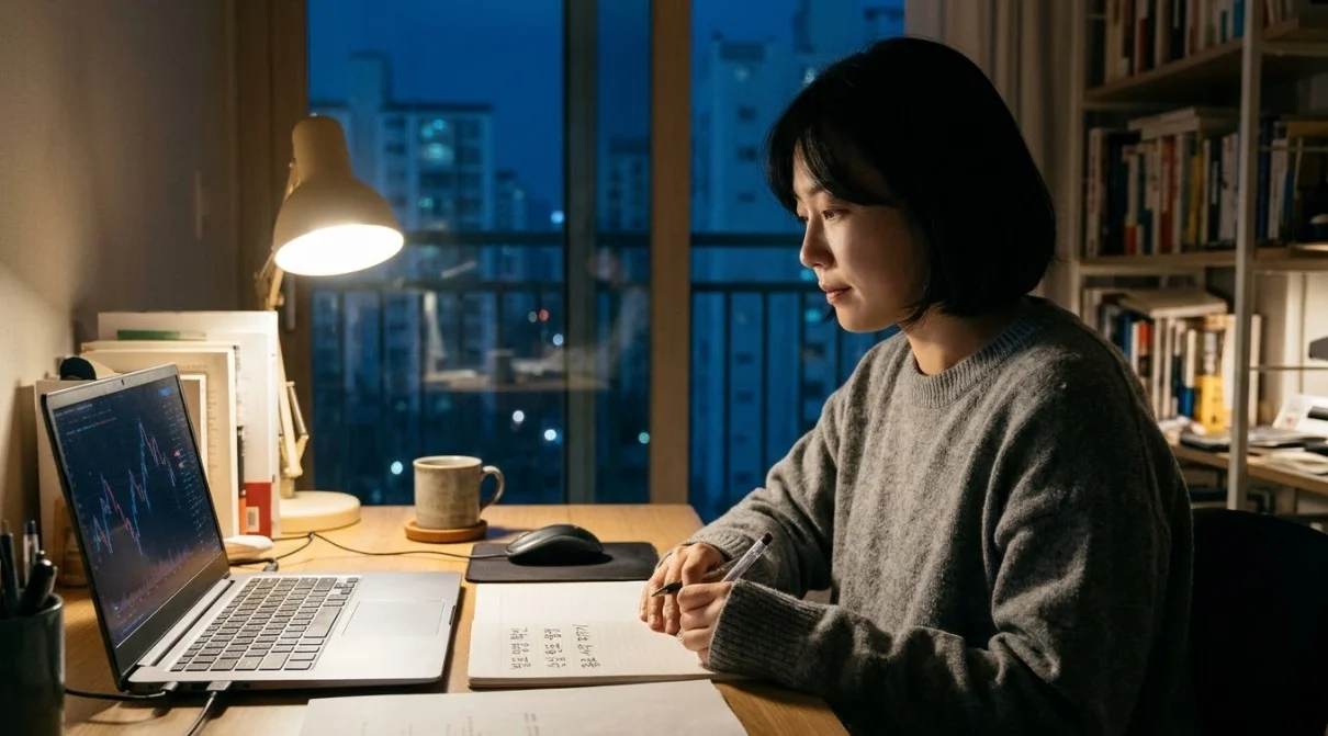 나스닥 선물 거래시간에 맞춰 퇴근 후 일정을 점검하는 한국인 여성 직장인