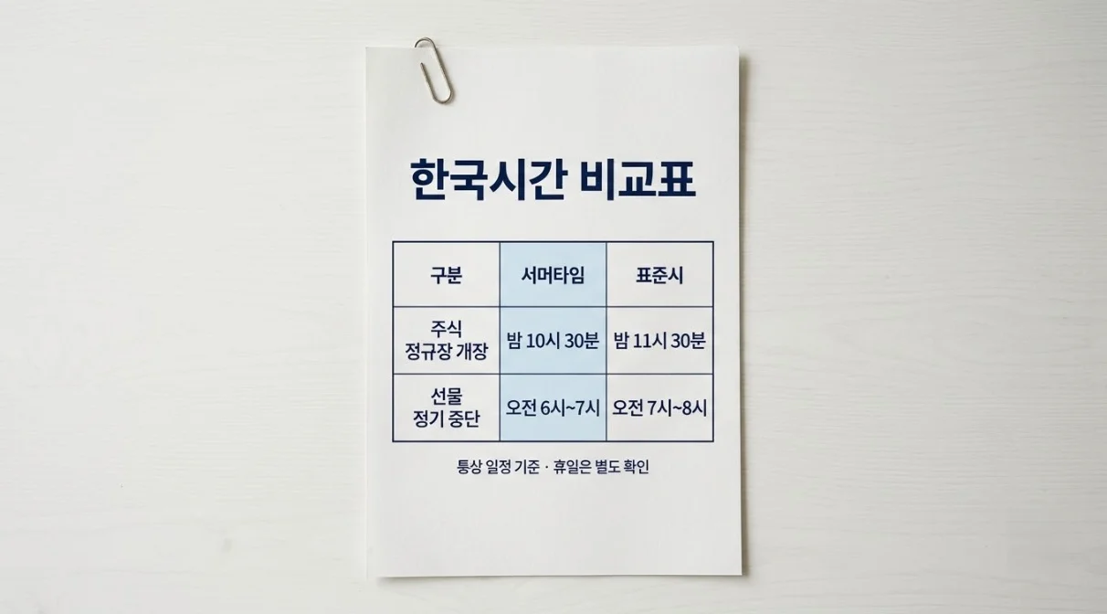 나스닥 선물 거래시간을 서머타임과 표준시로 나눈 한국시간 비교표