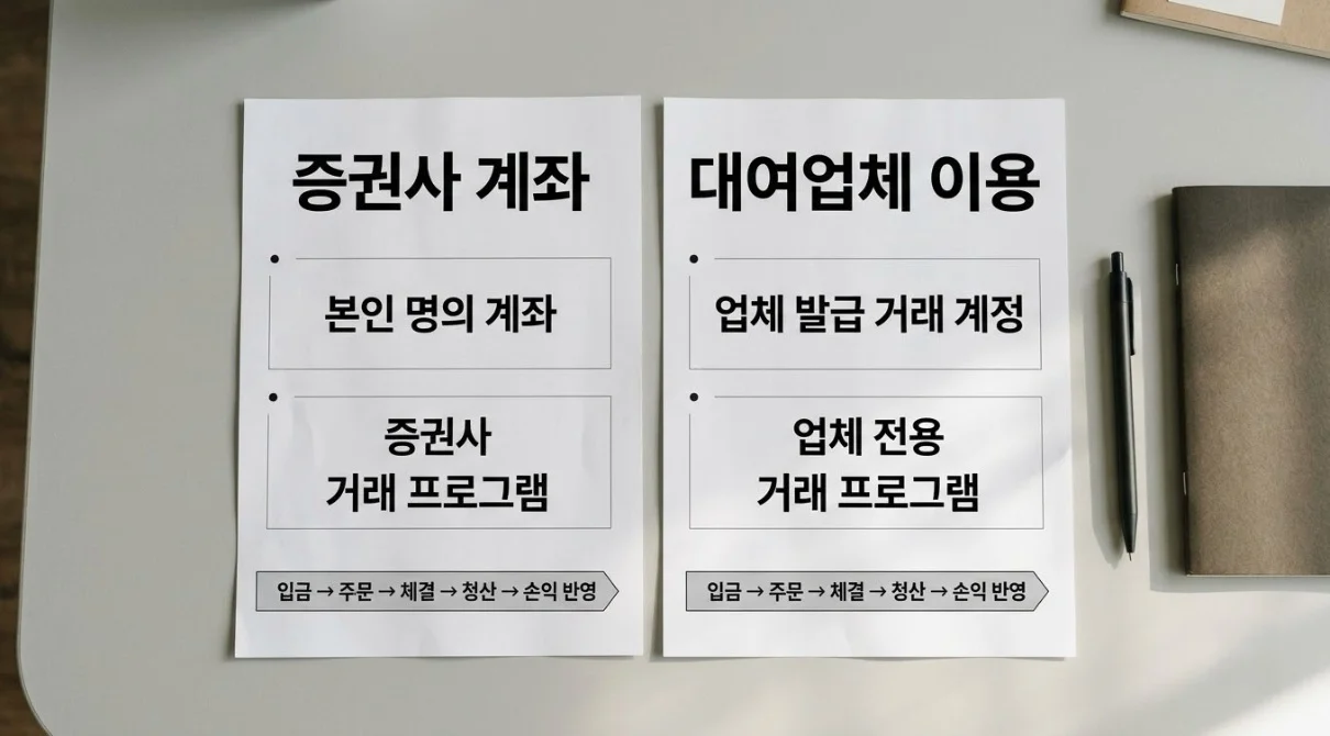 해외선물대여업체와 증권사의 계좌 이용 방식 및 주문·정산 흐름 비교