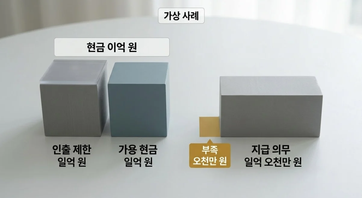 해외선물대여업체 자본력 판단을 위해 가용 현금 일억 원과 지급 의무 일억 오천만 원을 비교한 가상 사례