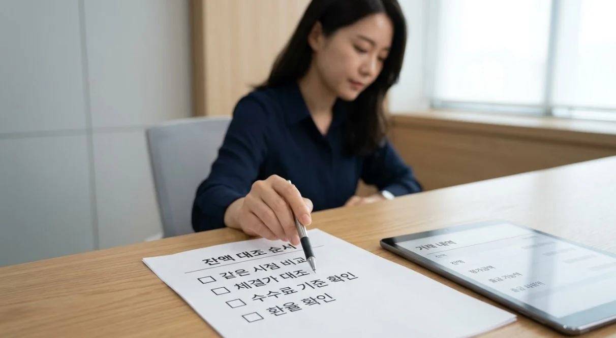 해외선물대여계좌 잔액과 체결가 수수료 환율을 체크리스트로 대조하는 한국인 여성 트레이더
