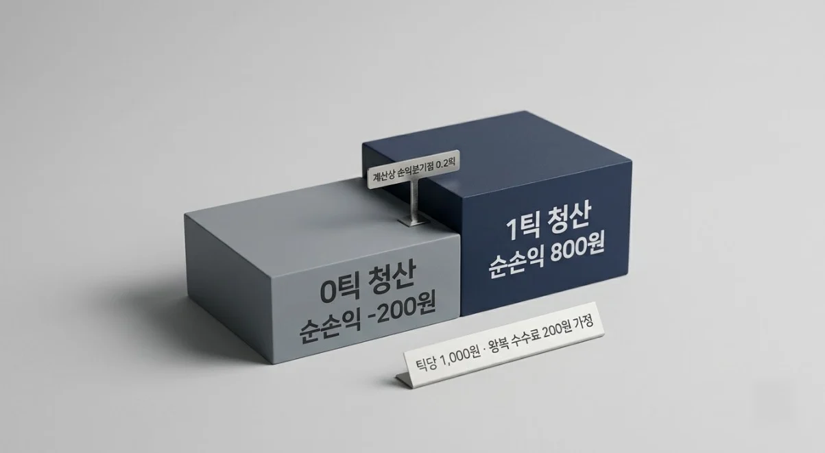 해외선물대여계좌 계산상 손익분기점 0.2틱과 1틱 청산 시 순손익을 비교한 모형