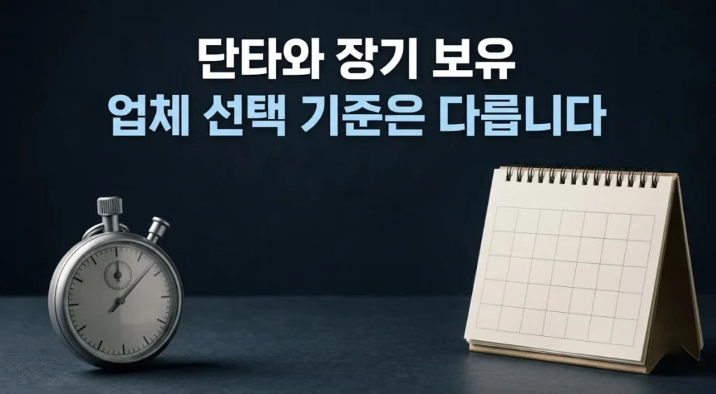 해외선물대여업체추천 시 단타와 장기 보유의 선택 기준 차이를 나타낸 스톱워치와 달력