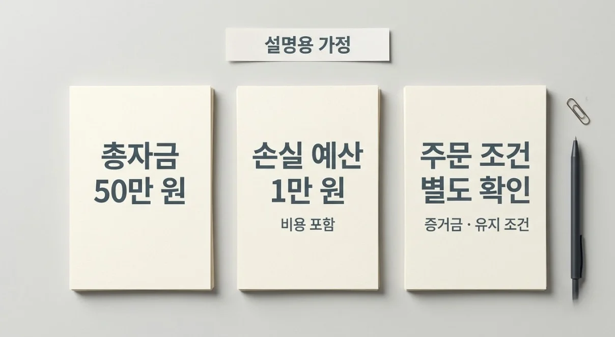 소액해외선물 총자금 50만 원과 손실 예산 1만 원, 별도 주문 조건을 구분한 카드