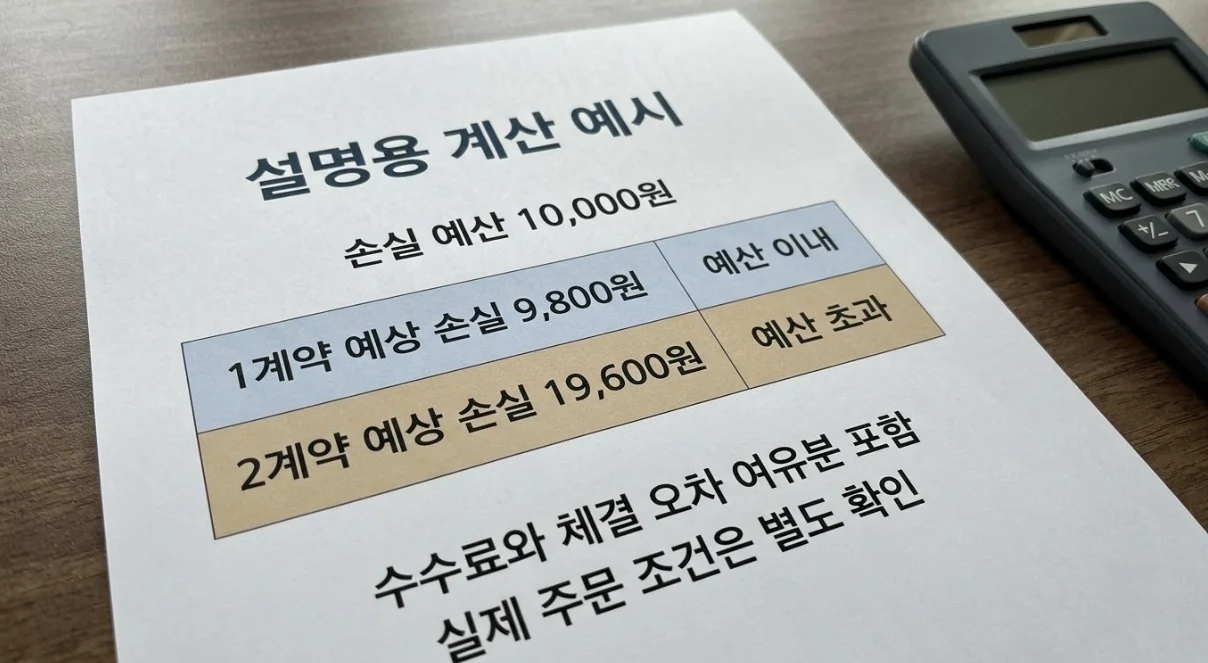 소액해외선물 손실 예산 1만 원과 비용 포함 1계약 9,800원·2계약 19,600원 비교표