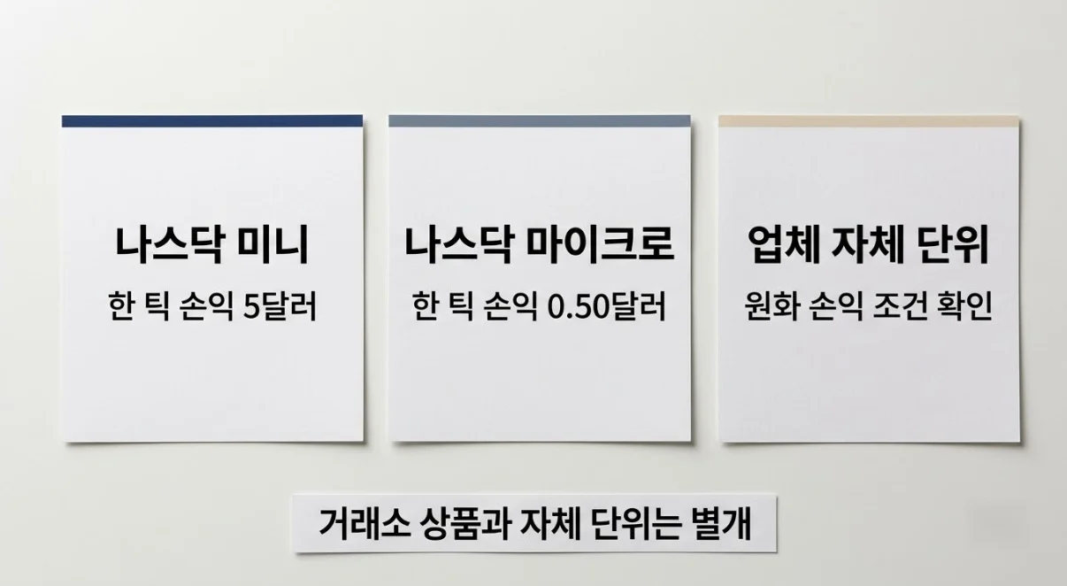해외선물미니업체의 자체 주문 단위와 나스닥 미니·마이크로 선물의 틱가치를 구분한 비교 카드