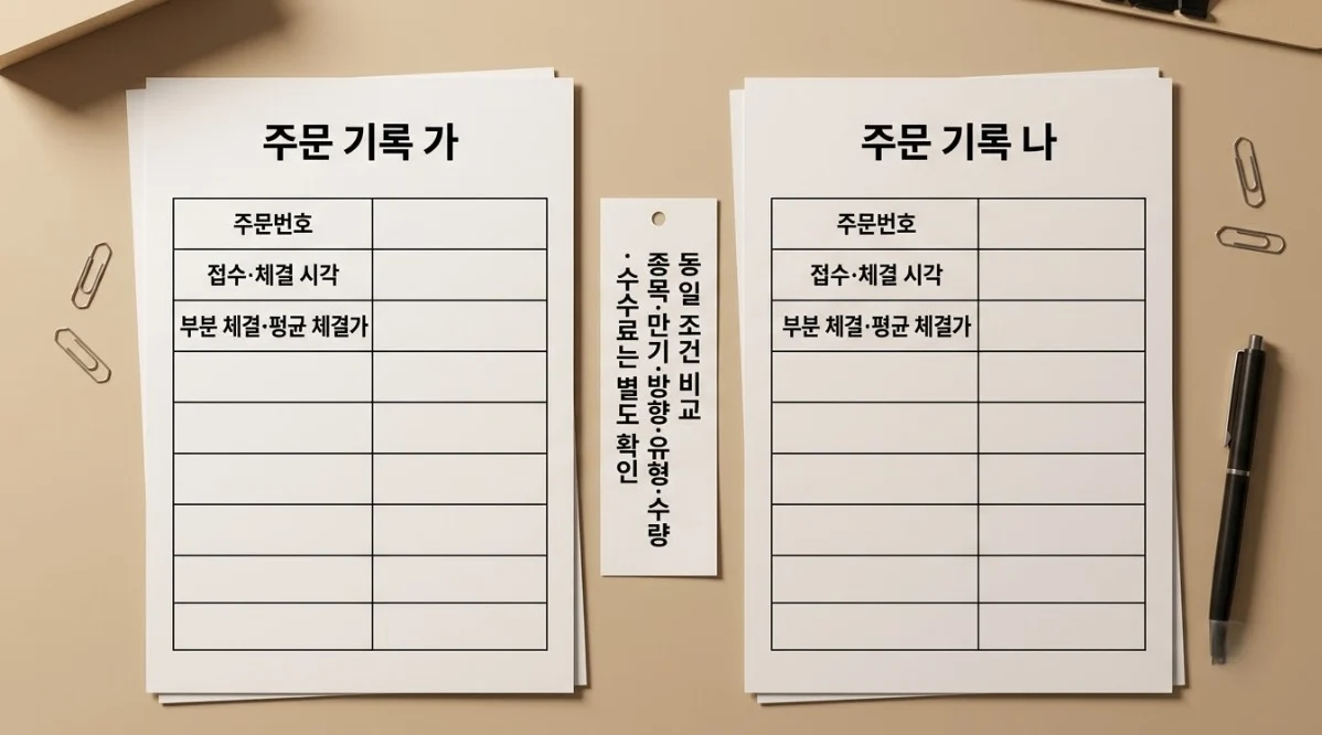 해외선물대여업체 비교를 위해 동일 조건의 주문 기록과 접수·체결 시각을 대조하는 서식