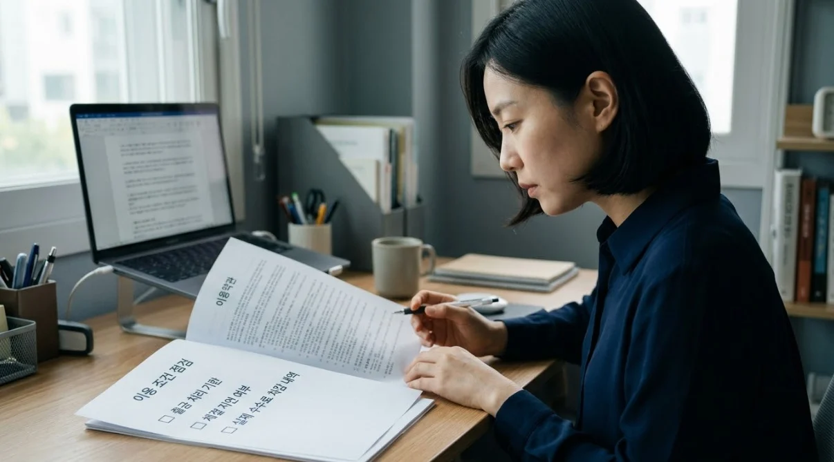 해외선물대여업체 이용 조건을 점검표로 확인하는 한국인 여성