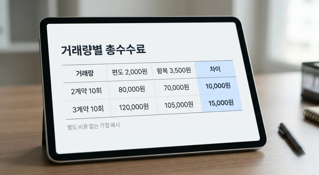 해외선물대여업체 편도와 왕복 요율을 같은 계약 수와 거래 횟수로 환산한 총수수료 비교표