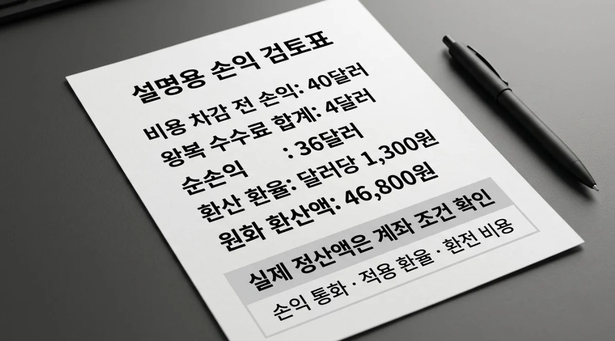해외선물 틱가치 계산 후 수수료를 차감하고 원화 환산액과 실제 정산 조건을 확인하는 검토표
