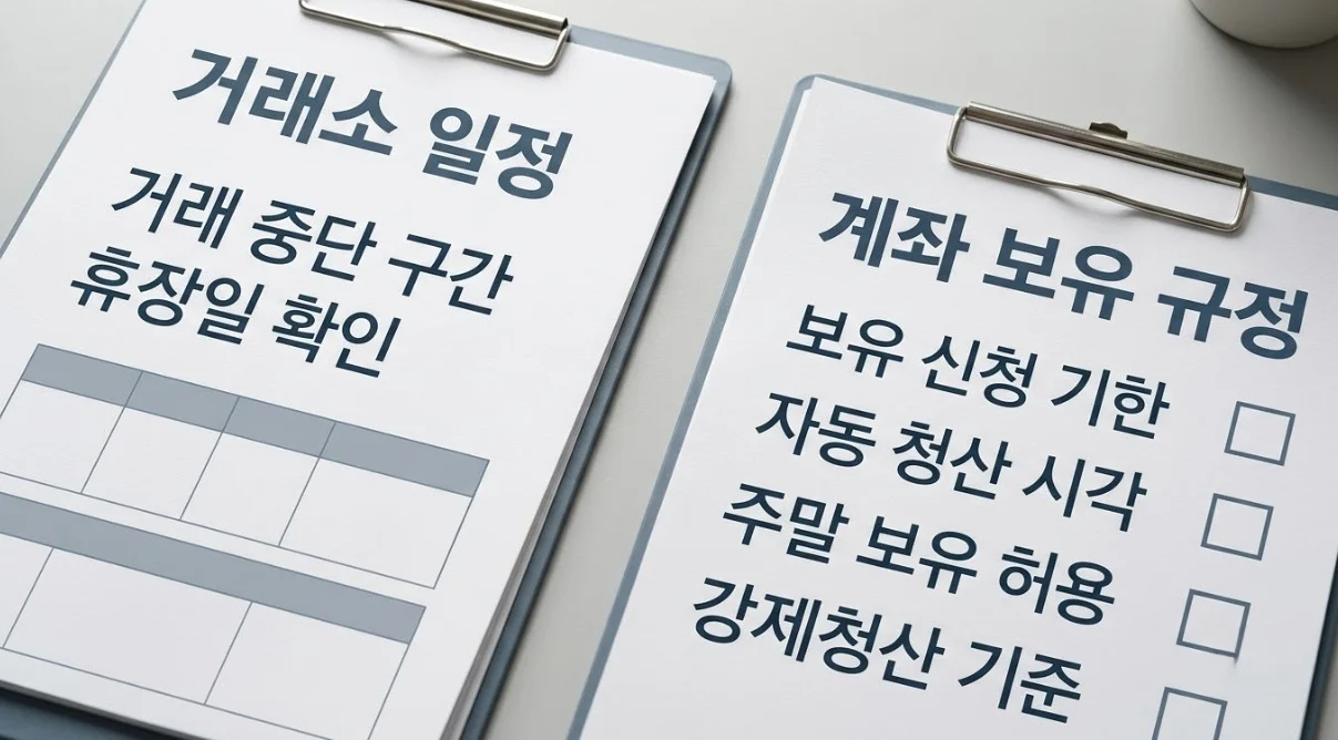 해외선물대여계좌 보유 신청 기한과 자동 청산 기준을 거래소 일정과 대조하는 문서