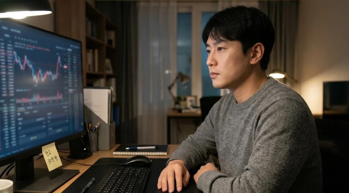 해외선물대여계좌 손절 후 잔고 여유가 부족해 다음 주문을 신중히 고민하는 한국인 남성 트레이더
