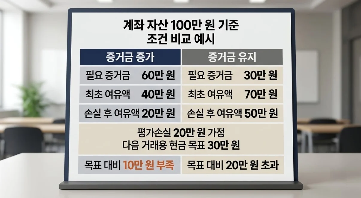 해외선물대여계좌 증거금 증가 여부에 따른 평가손실 전후 여유액과 다음 거래용 현금 비교
