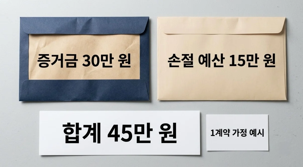해외선물대여계좌 증거금 30만 원과 손절 예산 15만 원을 나눠 담은 봉투 예시