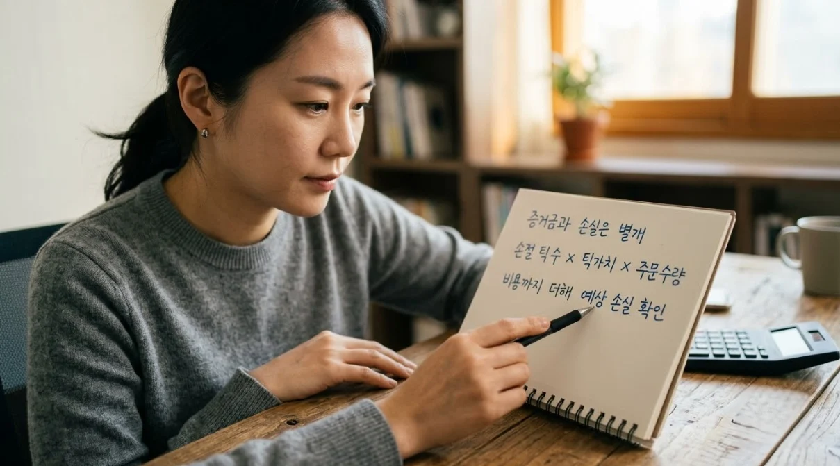 해외선물미니업체 이용 전 틱가치·주문 수량·비용으로 예상 손실을 계산하는 한국인 여성