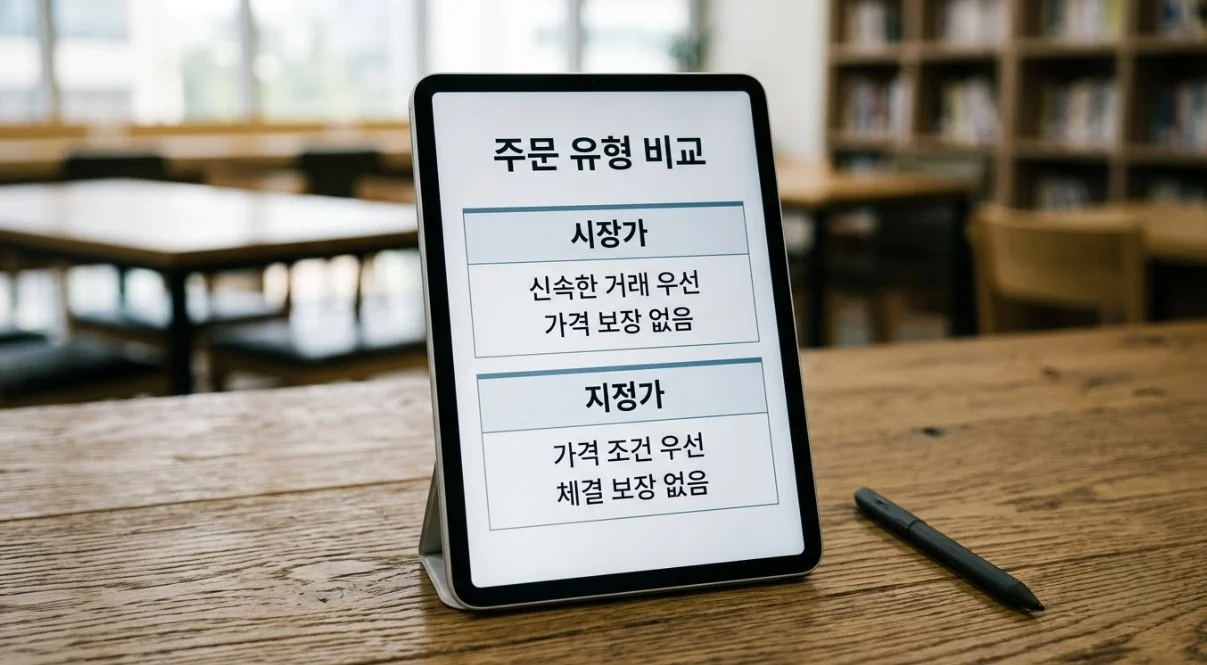 해외선물대여업체 비교에서 시장가의 가격 불확실성과 지정가의 미체결 가능성을 설명하는 태블릿