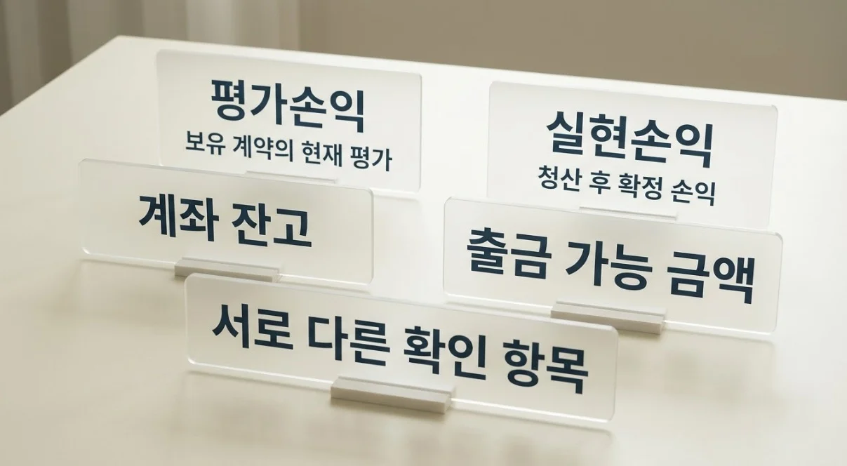 해외선물미니업체 화면의 평가손익과 실현손익 및 계좌 잔고와 출금 가능 금액을 구분한 안내판
