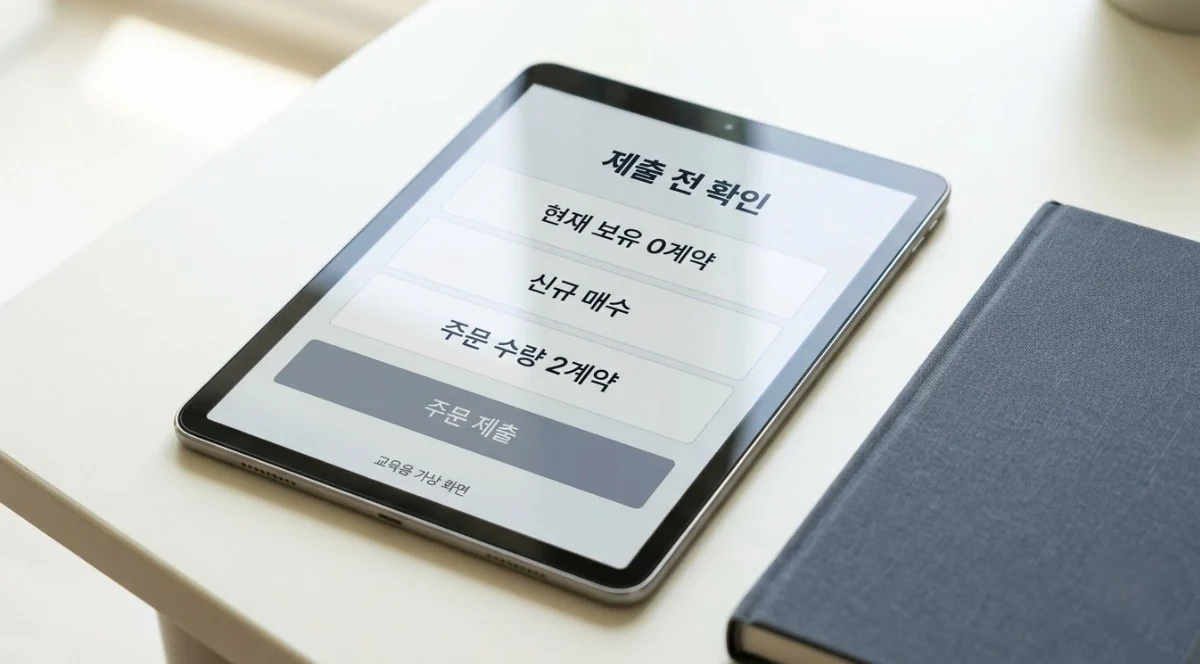 해외선물미니업체 가상 주문창에서 보유 0계약과 신규 매수 방향 및 주문 수량 2계약을 확인하는 화면