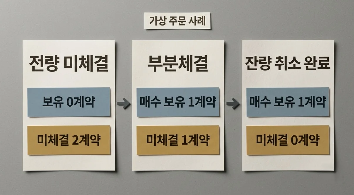해외선물미니업체 가상 주문의 전량 미체결과 부분체결 및 잔량 취소 후 보유 수량 비교