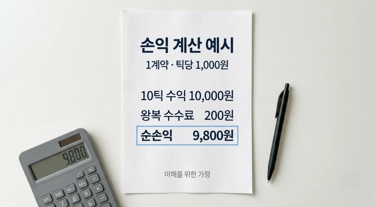 해외선물대여계좌 10틱 수익에서 왕복 수수료를 차감한 순손익 9,800원 계산 예시