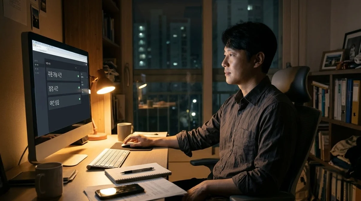 퇴근 후 해외선물대여계좌업체의 주문 가능 시간과 점검 시간을 HTS로 확인하는 한국인 남성 직장인