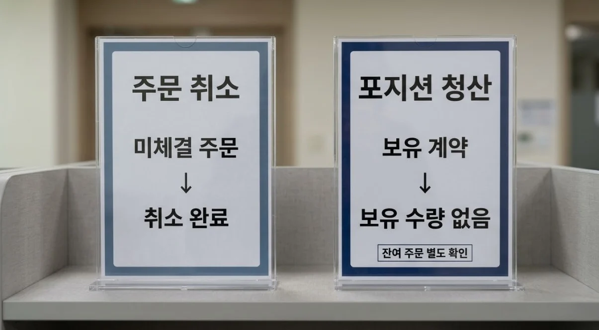 해외선물시작방법에서 미체결 주문 취소와 보유 포지션 청산을 구분하는 안내판
