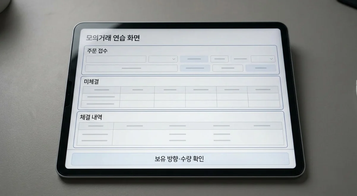 해외선물시작방법의 모의거래에서 주문 접수와 미체결·체결 내역을 확인하는 화면