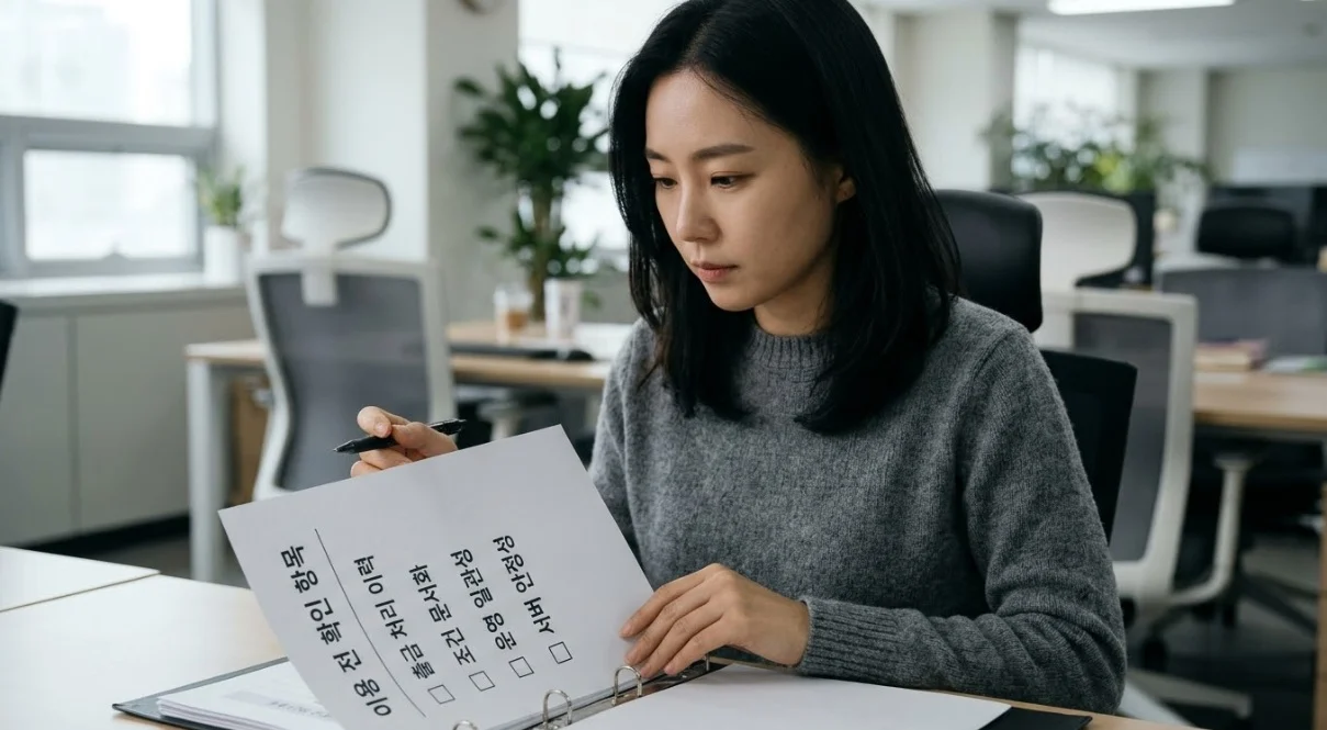 해외선물대여업체 이용 전 출금 이력과 운영 일관성 등 확인 항목을 점검하는 한국인 여성