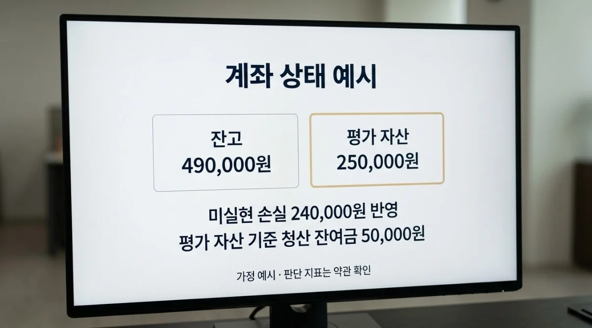 해외선물대여계좌의 잔액 49만 원과 평가자산 25만 원을 나란히 비교한 모의 계좌 화면