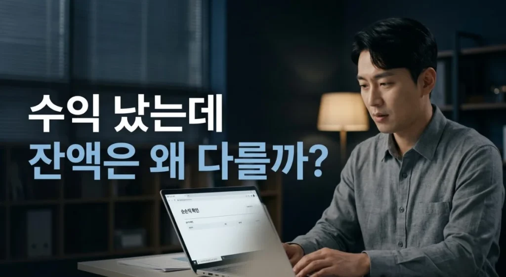 해외선물대여계좌 수익과 잔액 증가분의 차이를 확인하는 한국인 남성 트레이더