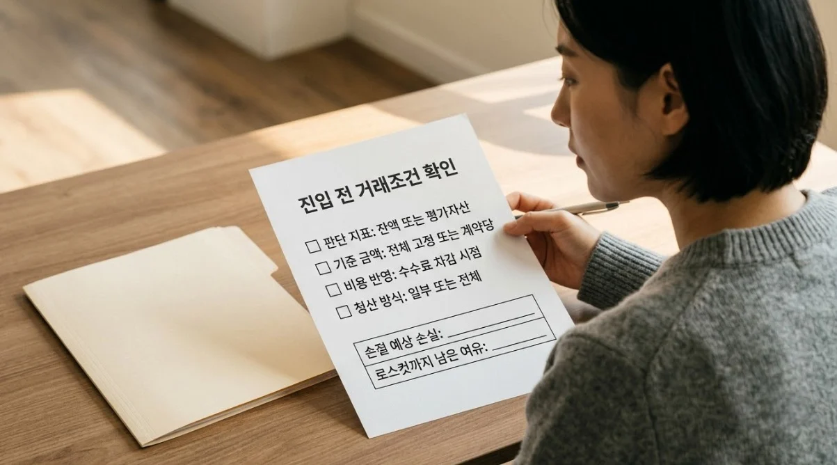 해외선물대여계좌 거래조건을 확인하며 손절 예상 손실과 로스컷 여유를 따로 기록하는 한국인 여성