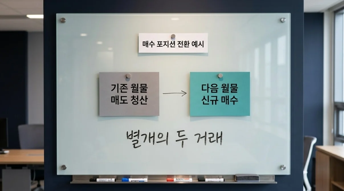 해외선물 롤오버가 기존 월물 매도 청산과 다음 월물 신규 매수라는 두 번의 거래임을 보여주는 이미지