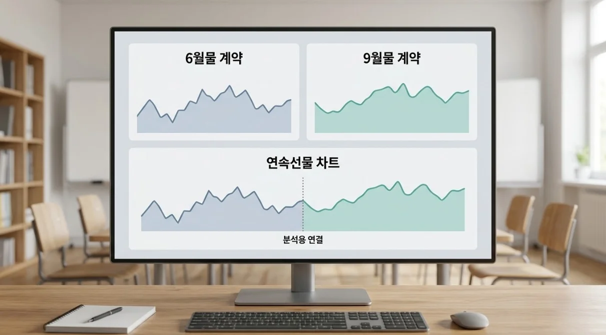 해외선물 롤오버를 이해하기 위해 6월물·9월물 개별 계약과 연속선물 차트를 비교한 화면